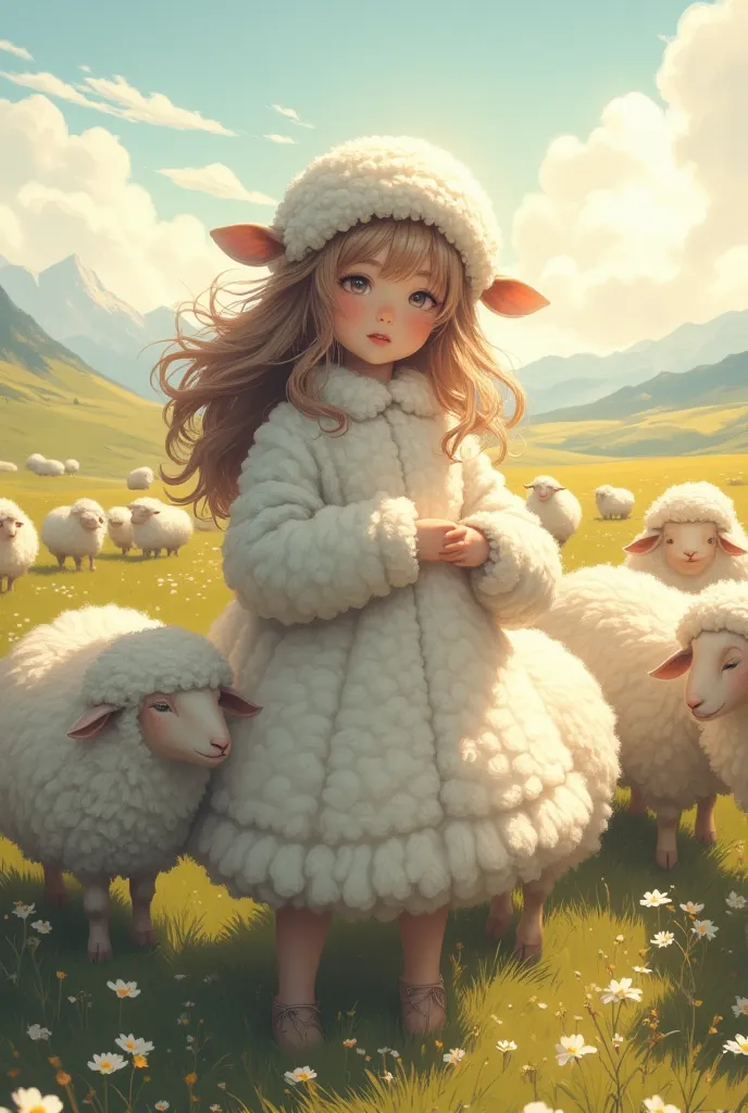 conceptual installation fantasy heartful artwork, Sheep（ girl）,  Cute Sheep Gathering , Clear skies, Sunlight Pouring Down ,  Gentle Wind Blowing Prairie , Mr.々Effects , delicate and dynamic textures, contrasts of light and shadow, Super detailed, absolutely resolution,  best quality