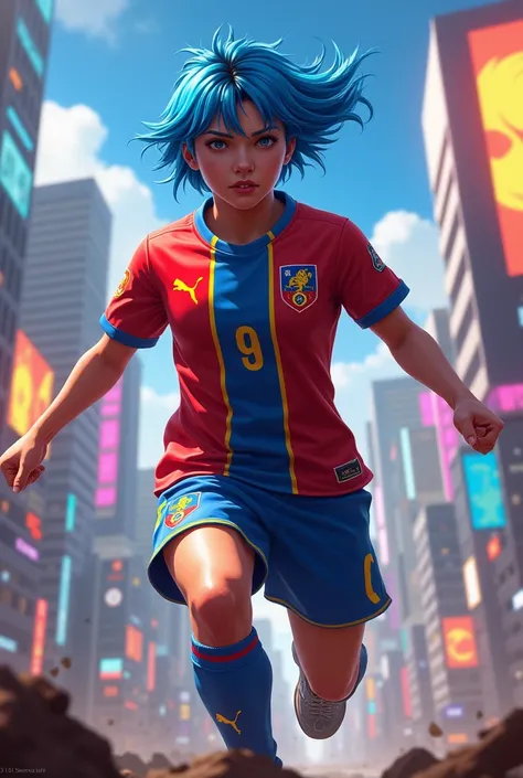 Create a Free Fire player with blue hair and the Flamengo blouse...
