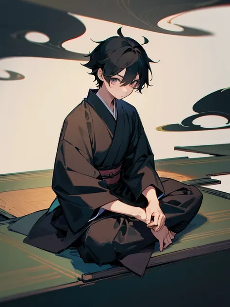 1boy, black hair, (background: Japanese style), sitting