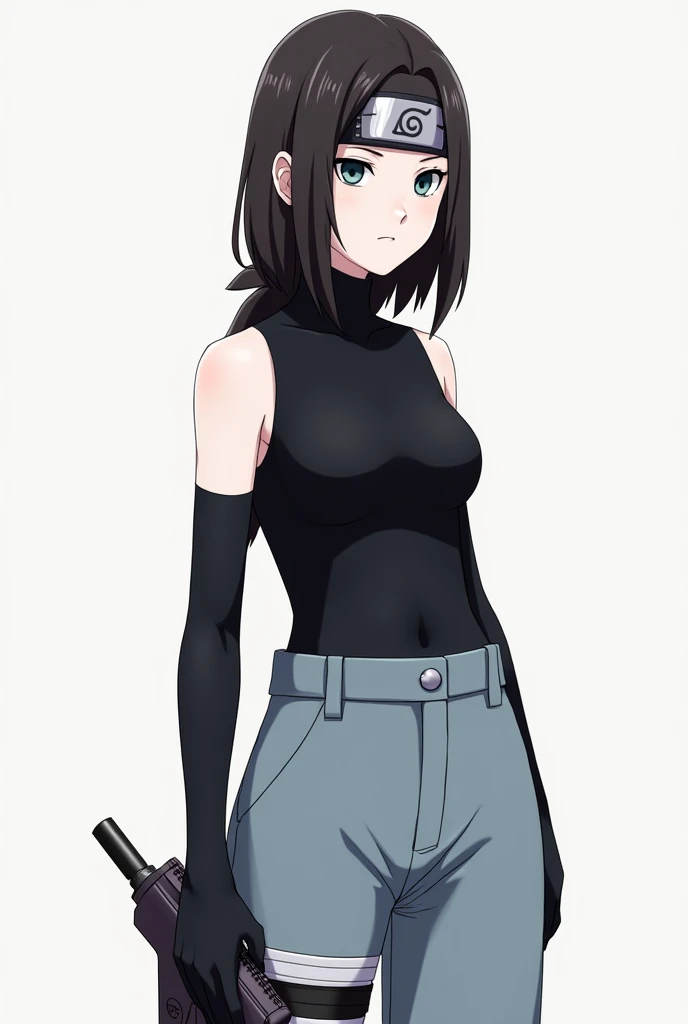  An original female character from the Naruto series .  She has dark brown hair at shoulder level with dark blue eyes and a white complexion ,  Konoha wears a forehead protector .  A black turtleneck sleeveless top , pale navy ,  wears light wide pants and...