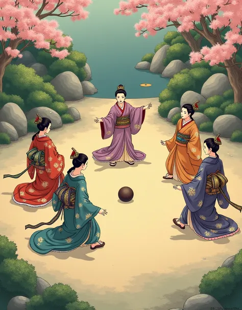 Please draw a scene where people wearing kimonos 々 are playing kemari in the Heian period