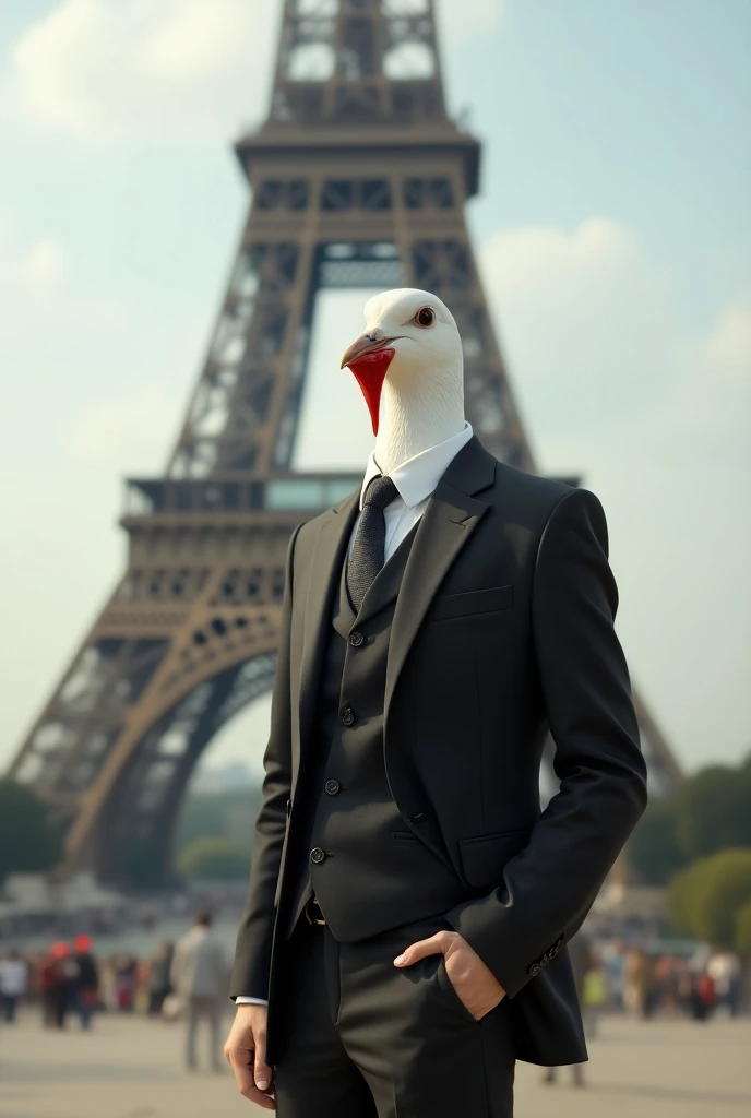 Dove in a suit in front of the Eiffel Tower eating ketchup