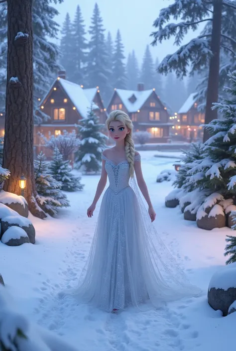  Elsa from Frozen is wearing a white dress. Walking through a forest in a Christmas village .