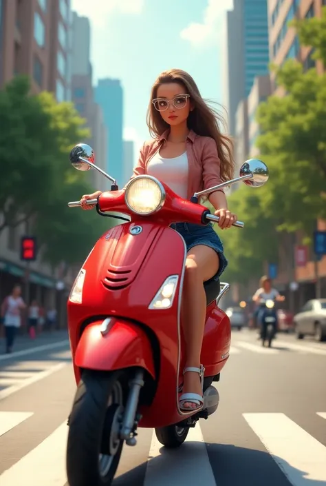 Create an animation image of a lady riding red scooter in road