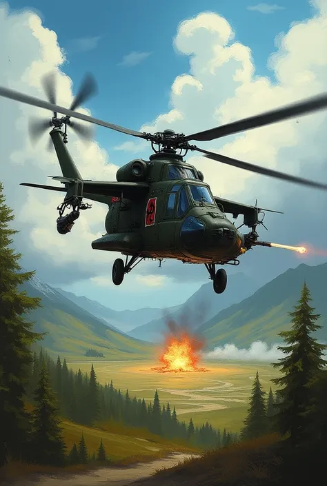 Russian Black Kamov Ka-52 helicopter with red details firing missle,Nazi flag on Helicopter, Swastika on Helicopter, missle next to helicopter,plains and mountains and trees and bushes in background, explosion in background, lot details, impressionism fant...