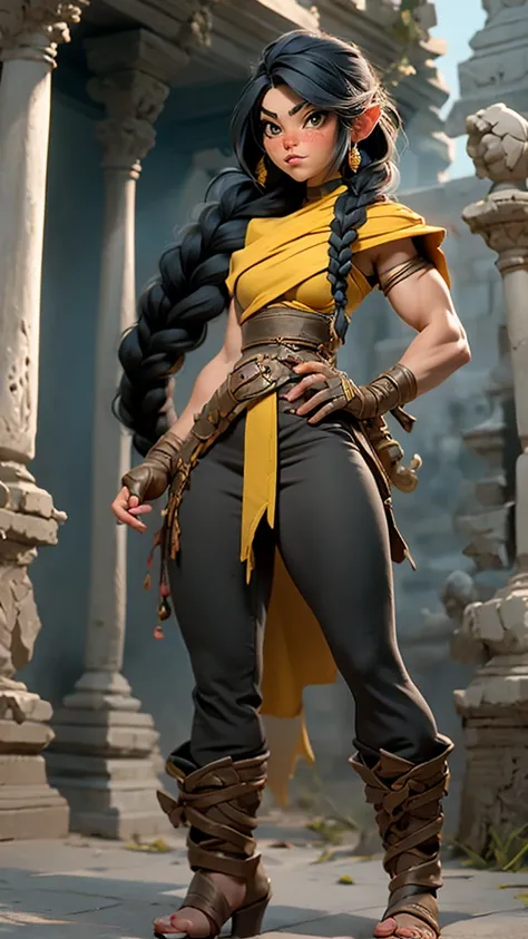 Female fantasy Dwarf, short stature, stocky build, muscular, freckles, long black hair, braids, wide hips, large body, yellow bandage dress, harem pants with slits, fighting pose, large gloves, large boots, full body shot, temple ruins