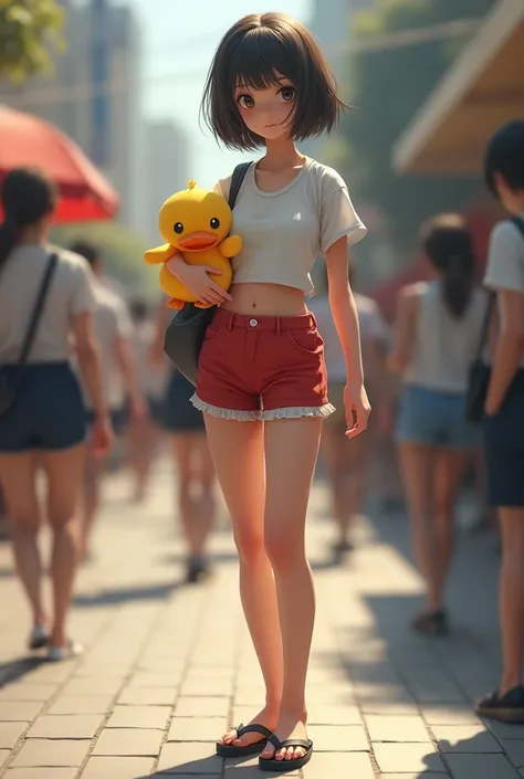 (photorealism:1.2),  short hair girl ,  wearing a white crop top ,  wearing red short with white edging ,  wearing black flip-flops , carrying a duck doll of yellow color in her hands,  standing restraining emotions ,  crowded sidewalk atmosphere , focus o...