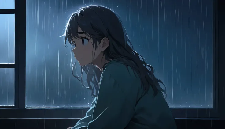 high definition image, Disney Pixar style:  A person in a dark room ,  sitting in front of the window ,  with rain pouring through the glass. Expression of melancholy ,  loose and untidy hair ,  simple and casual clothes .