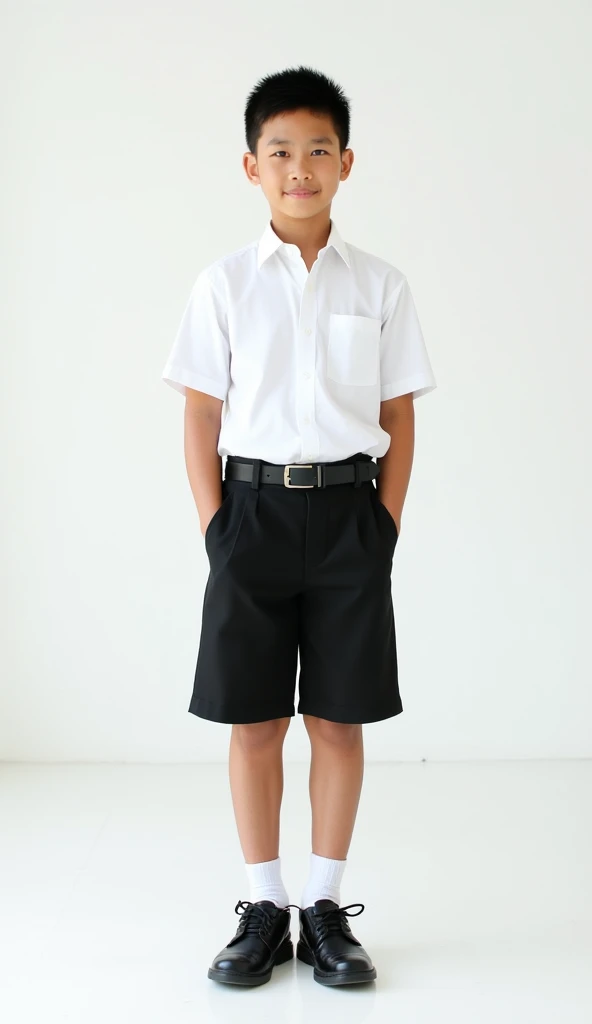 A young Thai student standing confidently against a clean, white background. He is dressed in a neatly pressed school uniform, featuring a white short-sleeved shirt tucked into black shorts, complemented by a black belt, white socks, and black shoes. His p...