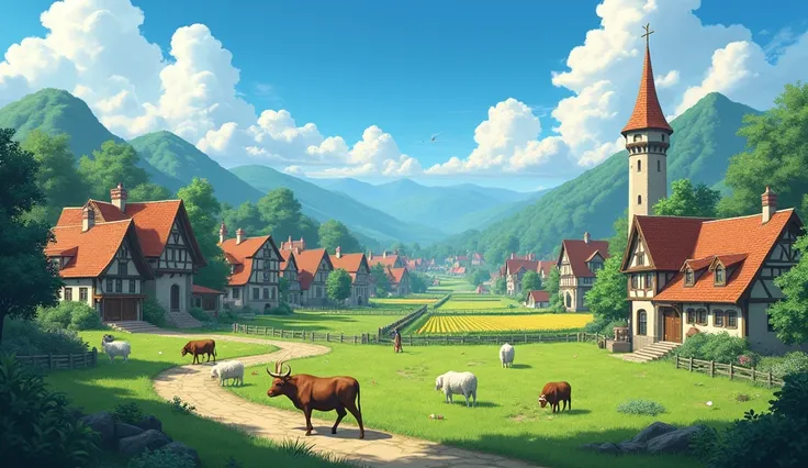 a village in a(european medieval village)，There are chalets，There are farmers farming，There are cows，There are sheep，There is farmland。Medium shot composition，Panorama pictures，Scene screen，game concept art style，Anime illustration style，HD，4K。