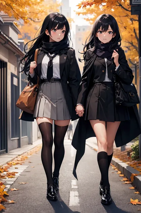 High image quality, high resolution, smooth gradation, vivid colors, two girls, a scarf, a black cloak, Holding a leaf in one hand, a black student uniform, black stockings, black lace-up shoes, school bag, black hair, a high school girl, walking at A row ...