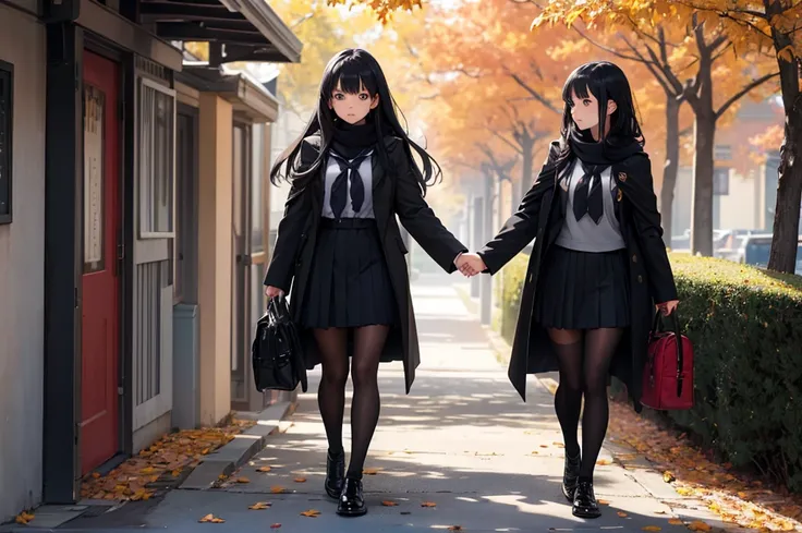 High image quality, high resolution, smooth gradation, vivid colors, two girls, a scarf, a black cloak, Holding a leaf in one hand, a black student uniform, black stockings, black lace-up shoes, school bag, black hair, a high school girl, walking at A row ...