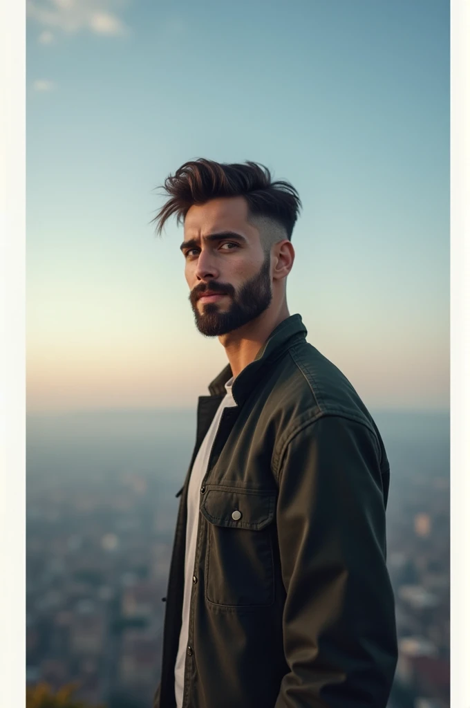 22 year grown boy look front with sky with beard and haircut