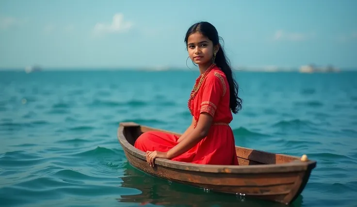 only for real indian face girl "Create an image of a beautiful 15-year-old Indian girl with authentic, real Indian facial features, wearing a red frock hot full big v cut type front . She is sitting gracefully in a small wooden boat, floating in the middle...