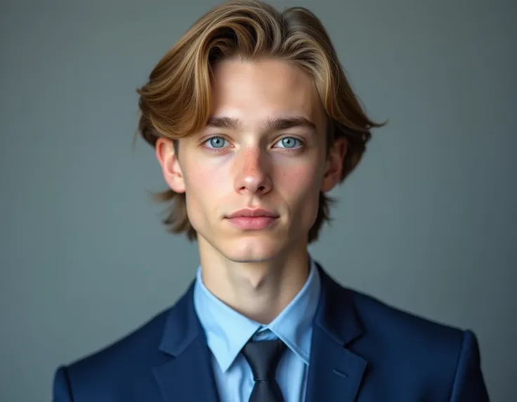 Professional studio image of a  boy , white pele . your hair is blonde ,  medium length ,  with a layered cut that gently frames your face , light blue eyes ,height 1,65 tall,  out of shape  ,  Blue Luxury Suit And Tie  , Very handsome boy, Real photo
