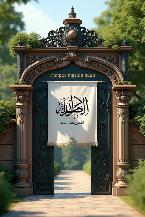 (photorealism:1.2),  Image of boarding house gate inscribed  " PONPES MIPTAHUS SAADAH "  horizontal with white flag on it and flag reading La Allaha illa Allah Muhammad Rasool Allah