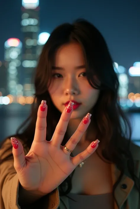 South Koreas 20-year-old female tycoon showed me expensive nail art and IU, but her face shouldnt come out too much, so she blurs the focus. The location of the face is at night outside a high-rise apartment in Gangnam, and the view of Han River shouldnt b...