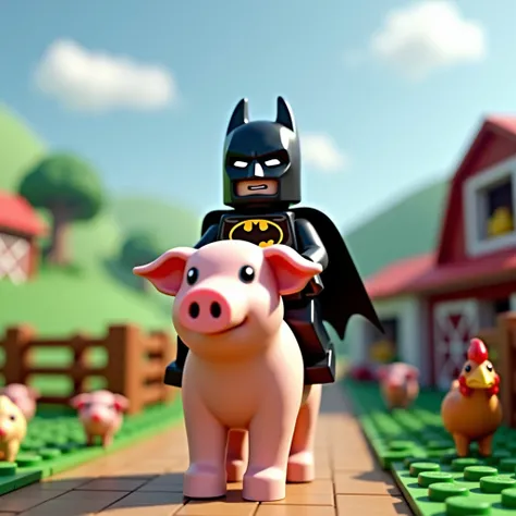 Lego Batman is riding on a Lego pig, it is the pig farm