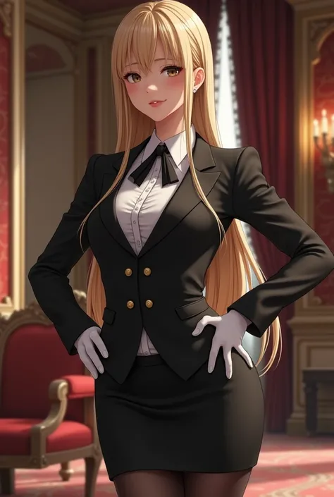 (8K, Realistic., RAW Photos, Highest quality::1.4), Photos of Japanese female butlers, The character is dressed in a formal butler outfit, similar to a tuxedo., she is wearing a black jacket ,black skirt and white shirt, as well as a silk tie and gloves,pa...