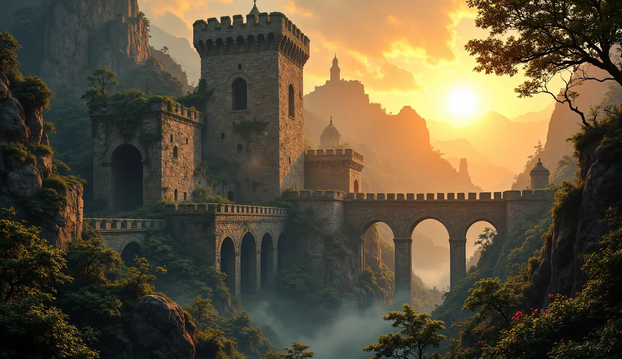 a large, timeworn monastery surrounded by overgrown jungle vines and moss-covered stone, under the warm glow of a setting sun, 1...