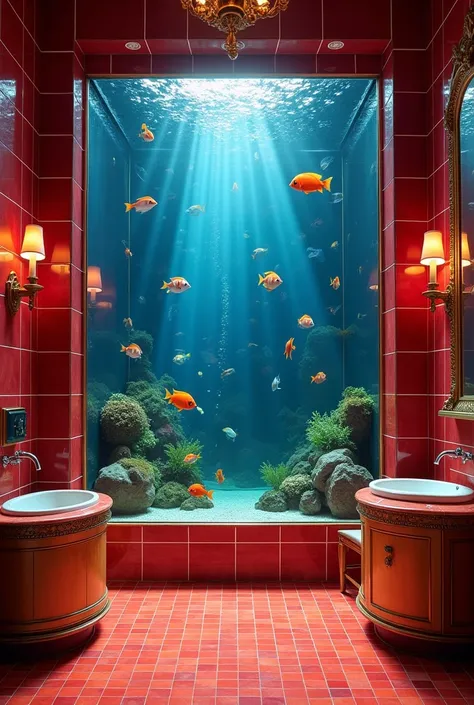 Colorful aquarium in large red bar bathroom
