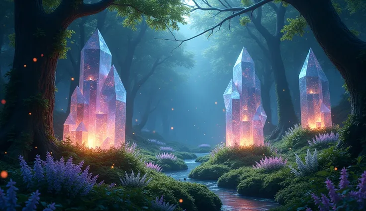 Magical dark forrest with big crystals clusters, pink, purple, white and yellow flowers and fireflys.