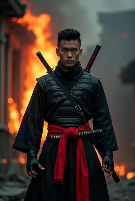  Indonesian male figure with semi undercut haircut, neatly combed .  Wearing a black modern ninja costume ,  wearing modern japanese samurai body protector in black , wrapped around a long red kumal cloth.  On his back are two black and red katanas.  Stand...