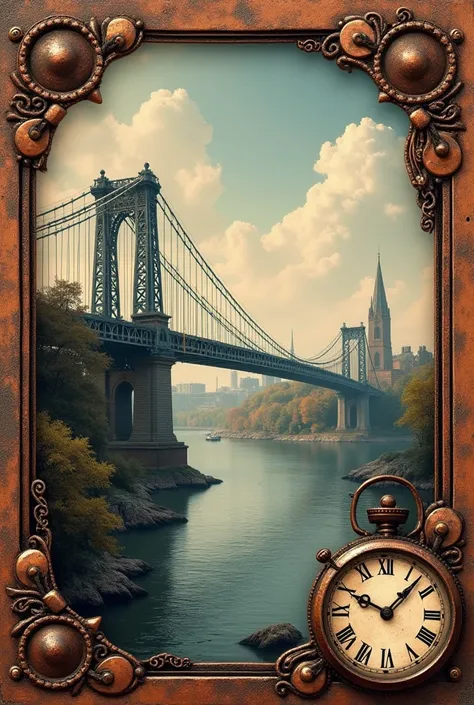 Create a Victorian postcard with an ornamental copper-colored frame with an antique clock, rivets, leather straps, gears and filigree , The postcard will depict the construction of an old iron bridge , across the river,  with iron supports and cables betwe...