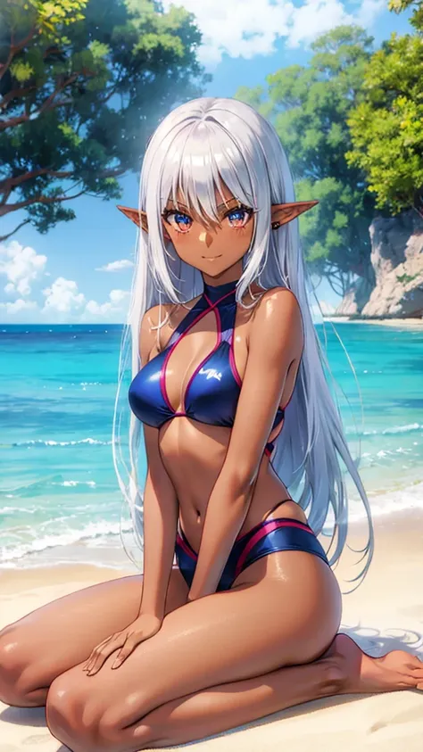 Dynamic shooting angles、Tropical Beach、((sitting on the sand))、((Swimsuit、Delicate design swimsuit))、 masterpiece、 high definition 、 High Quality 、32K、( dark elf teenager women、Pointy Ears、Normal size breasts、((Beautiful silver hair))、((Tanned dark skin))、...