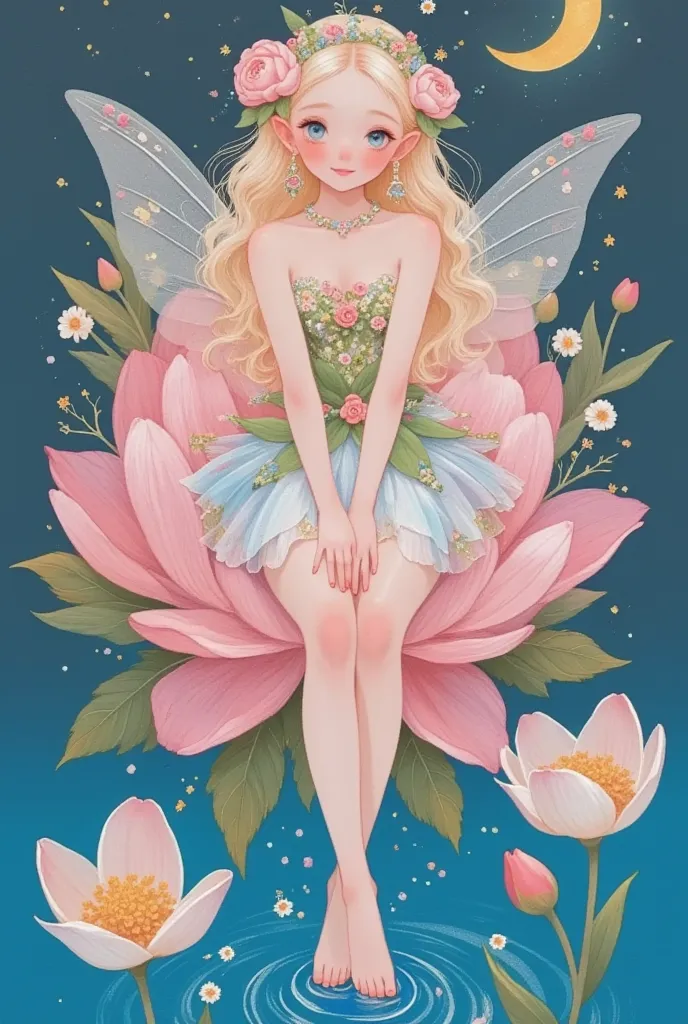 a fairy with wings sits on a blooming peony,  beautiful eyes， blond hair ，cross your legs，feet in the water ，star，moon， rich det...