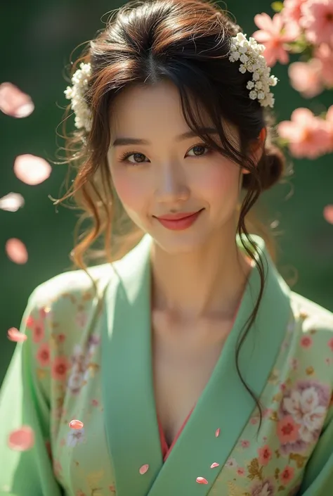 Ultra-realistic, 8k, highly detailed、Shiraishi Mai、Big Breasts、A hairpin adorned with diamonds、 sexy、 Petals and gold dust fluttering from above 、Green kimono、The pattern is a flower pattern、A diligent smile、 beautiful smile、  plump chest 、Soft big breasts...