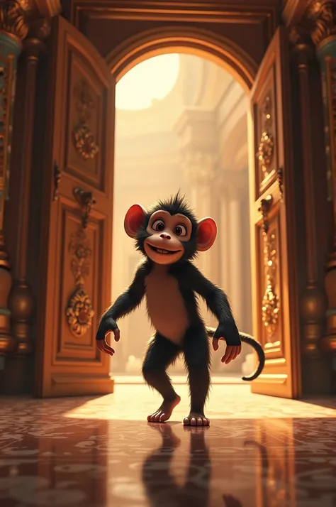 Monkey entering the palace: The monkey walking through the grand doors of the royal palace.