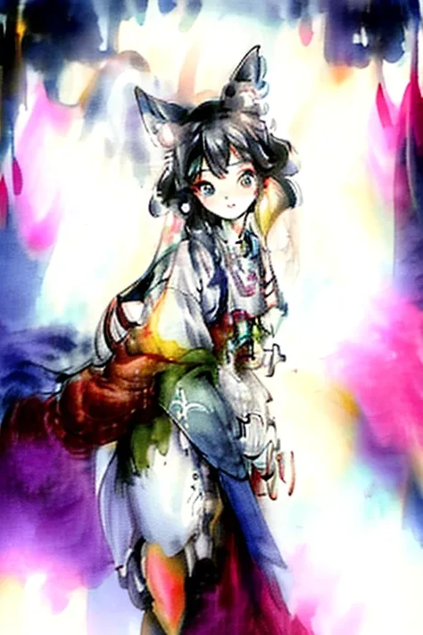 (((masterpiece))), ((( Best Quality ))),(( Super Fine)),  A fusion of watercolor and oil painting , Psychedelic World, Watercolor splash , Very colorful tones ,  memorial photo ,  White Dress 、 Super Fine刺繡,  Transparent Lace , ribbon,  Transparent Pleat ,...