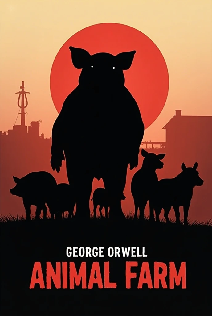 Create a photo :

 A silhouetted image of the farm animals—pigs, horses, and sheep—could be shown standing together in unity, or perhaps the ominous figure of a pig, symbolizing the rise of leadership and control, looms large. The background might feature ...