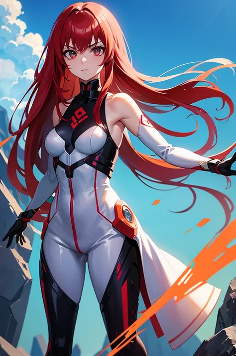 a young woman with long red hair standing in a futuristic-looking outfit. She is wearing a white suit with orange accents and has a futuristic design on her chest and arms. The suit appears to be made of a shiny, metallic material and has multiple pockets ...