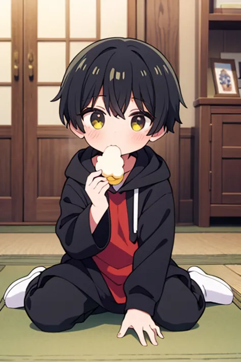 1boy,black hoobie,sitting and eating warabi mochi