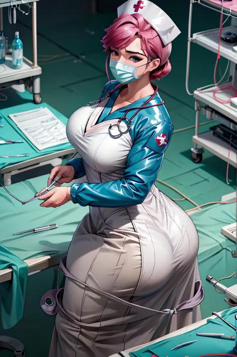 nurse uniform,hospital, latex nurse suit,nurses,busty,elbow gloves,labcoat,black hair woman,blueeyes , gigantic ,medical instrum...