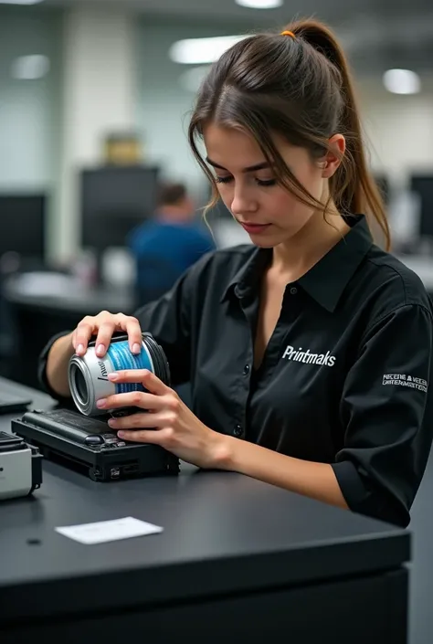  25 year old Beautiful European girl, pours the toner from the can into the laser cartridge at the service center,  with a white  "PrintMaks"   logo on the sleeve or chest, and black  , like a photograph 