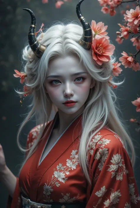 "A striking, detailed portrait of a traditional Japanese oni (demon) with a fierce expression, featuring sharp horns and flowing white hair. The onis skin has a blueish tone, and it wears a traditional red kimono. The background is filled with blooming che...