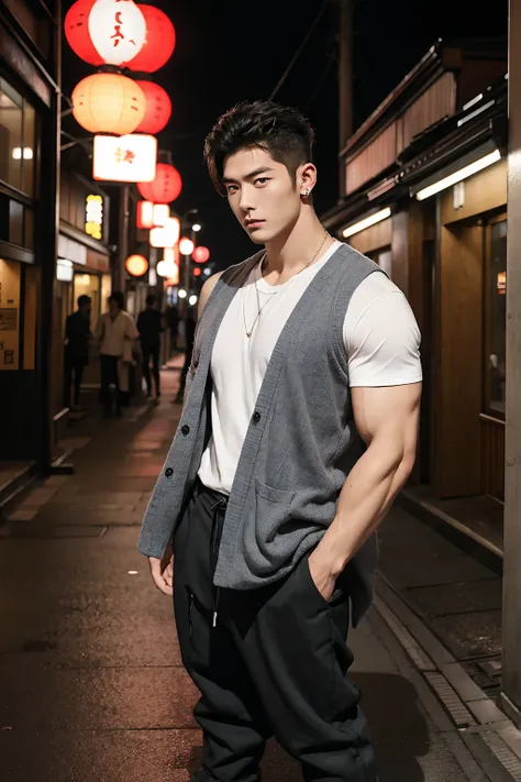  Japanese male model , Big Muscle,  Handsome, cool,  Hair Combed Smoothly, ear piercing,  Wearing a Loose Vest ,  Holding - Rose Flower , portrait, modeling, dynamic pose, Japan Street , Late Night,  Shop Light Trade ,  Full Body Half Body Photo  