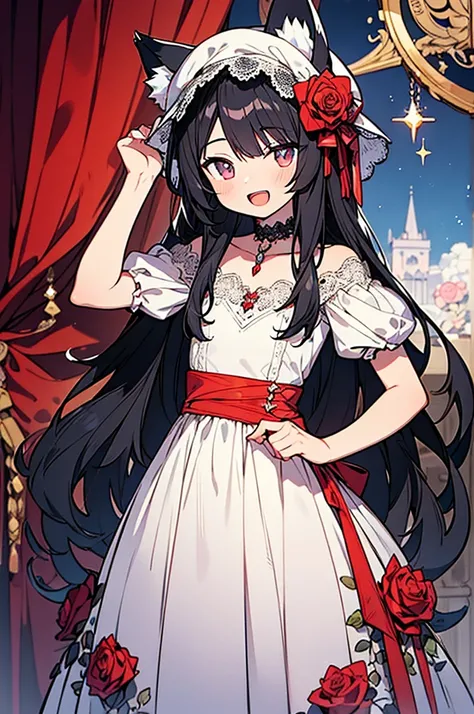 (hyper ultra detailed anime illustration:1.4), masterpiece,best quality,ultra detailed,1 small boy,cute young boy, wolf ears, wolf tail,black hair,long hair, choker,gothic luxury rose-lace dress, gothic luxury rose-lace hat,open mouth smile, elegance rose-...