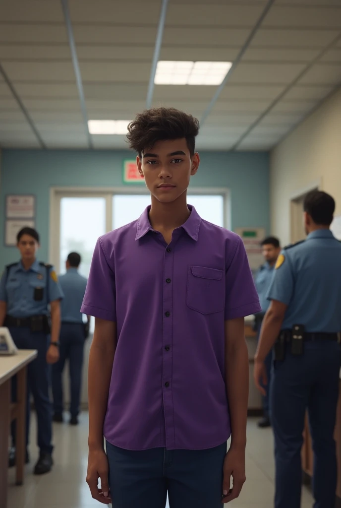 A young man wearing a purple shirt goes to file a notice with police