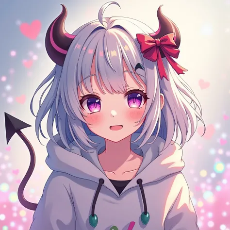 Japanese Illustration、 1 girl,  character profile ,  ribbon hair accessory ,  bangs between my eyes, Rainbow Hair、 purple eyes, smile,  hood, Devil horns, chromatic aberration, 