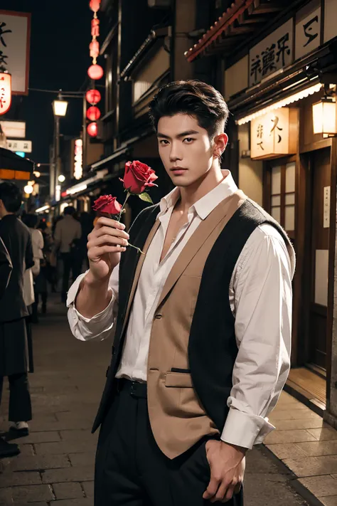  Japanese male model , Big Muscle,  Handsome, cool,  Hair Combed Smoothly, ear piercing,  Wearing a Loose Vest ,  Holding - Rose Flower , portrait, modeling, dynamic pose, Japan Street , Late Night,  Shop Light Trade ,  Full Body Half Body Photo  