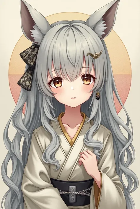  1 girl,  very detailed ,  very long hair, Gray Hair,  earrings for a woman alone, Animal ears loli, Droopy eyes,  part of the picture sticks out of the frame , Japanese Illustration, kimono