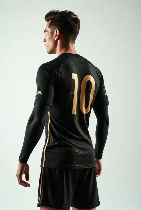 soccer player uniform front and back in black with gold details
highlighting the beauty of the uniform in 8K