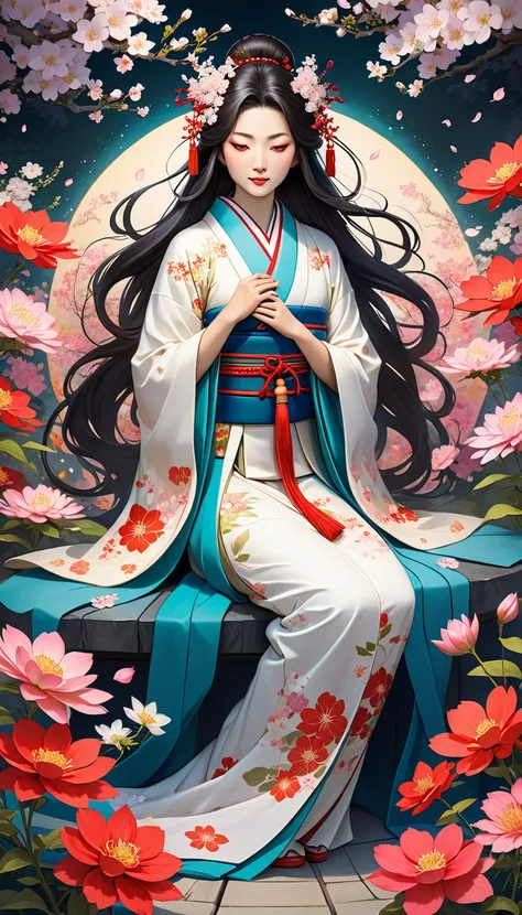 A nurturing Japanese goddess of creation, surrounded by blooming flowers and a subtle aura of mystery