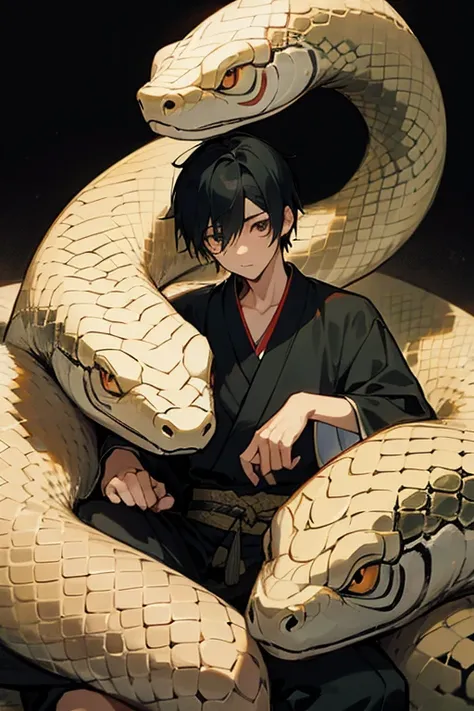 1boy, black hair, sitting, (background: Japanese style, snake)