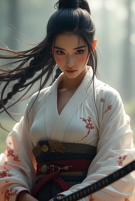  Onna-Bugeisha with blood-covered armor ,  black feline eyes looking to the side and long hair with braids swaying in the wind bringing sound to the image, A beautiful woman, with cheekbones and pink lips , full and large breasts,  snow-white kimono with e...