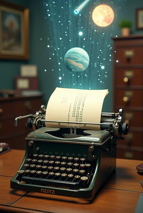 (Photo of a 1930s typewriter in an office environment of the same period), (paper in the typewriter reveals a long series of binary numbers), (holographic imagery of planet, comet, and starfield in the air above the typewriter) , (scene has a quality of a ...